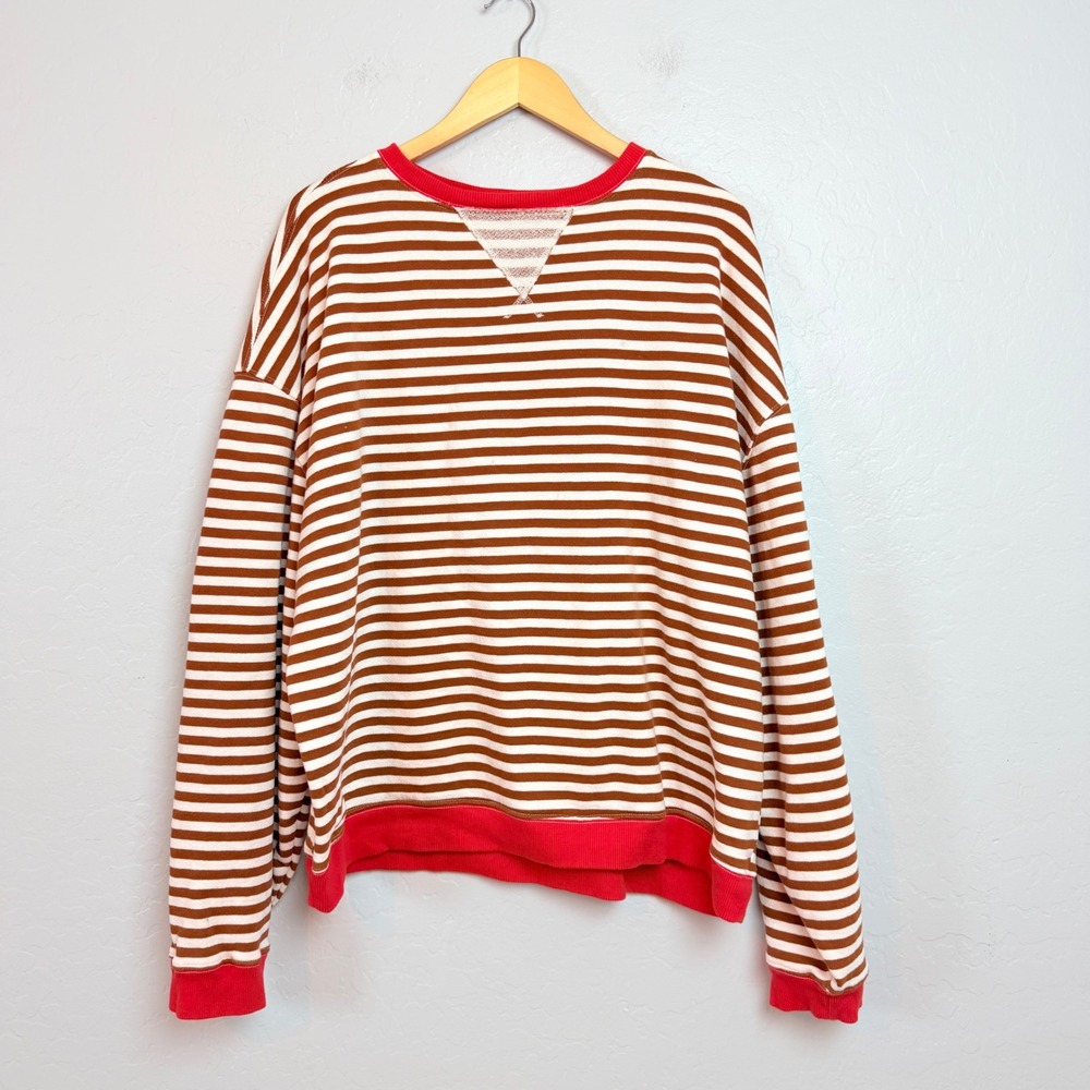 We The Free People Striped Oversized Knit Shirt Brown Red Pullover Large